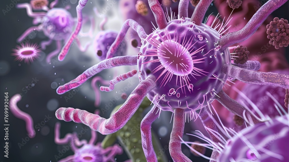 A highly detailed digital rendering of viruses and bacteria, highlighting their structures with luminescent colors. A highly detailed digital rendering of viruses and bacteria, highlighting their structures with luminescent colors.