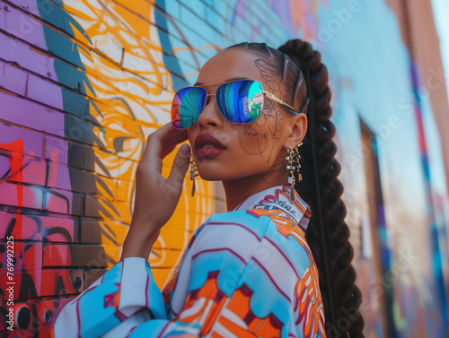 A young woman in sunglasses looks into the frame against a bright wall. photo