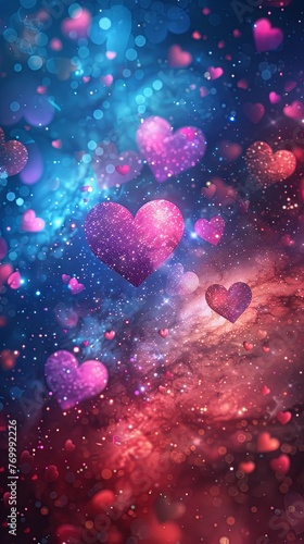 Digital artwork of romantic pink and red heart-shaped bokeh lights on a dreamy blue background.
