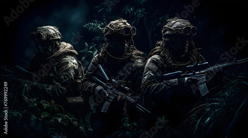 soldiers with machine guns in the tropics  on a black background
