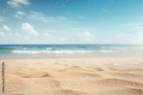 Close-up of sandy beach textures with a softly blurred ocean backdrop and glistening sunlight particles
