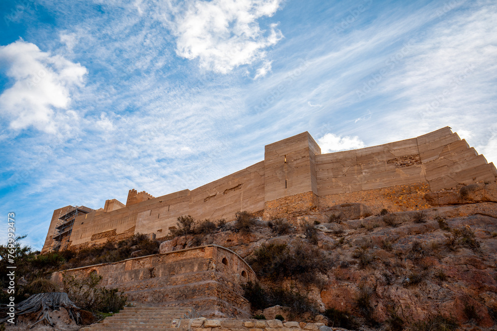 Walls of the castle of Alhama de Murcia, Region of Murcia, Spain, on top of a hill in daylight