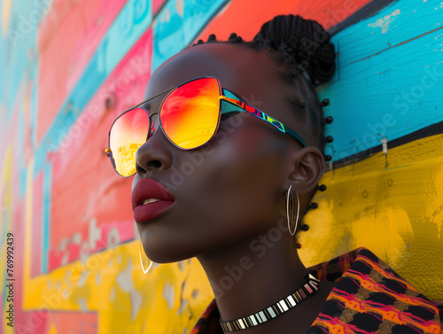 A young woman in sunglasses looks into the frame against a bright wall. photo