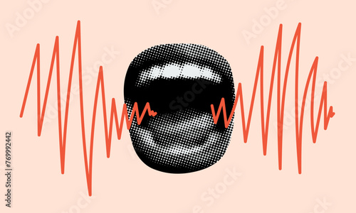 Modern collage with screaming mouth. Wide open lips. Design elements cut out of newspaper. Torn paper. Y2K style. Advertising concept. Illustration to attract attention. Fake news concept