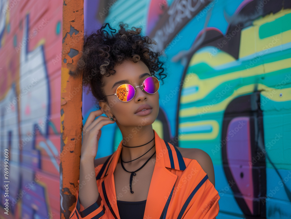 Obraz premium A young woman in sunglasses looks into the frame against a bright wall.