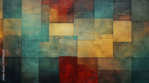 An abstract background with grunge texture and flat color blocks in shades of green  blue  red  yellow and brown