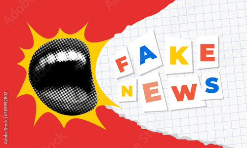 Fake news concept. Modern collage with screaming mouth and cut out newspaper letters. Scrap letters. Halftone lips. Torn paper. Anonymous note font. Advertising concept. Pop art style sale banner