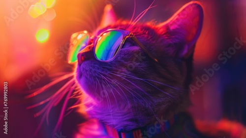 Portrait cat in glasses rainbow reflection is singing a song at the stage of karaoke. AI generated © orendesain99