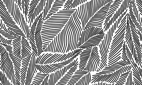 Black and white pattern with tropical leaves. Winter linear botanical pattern. Line illustration with tree branches and leaves on white background. Needles texture