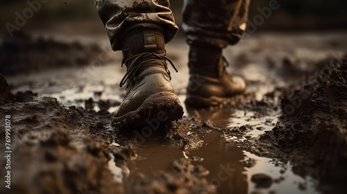  in this plight, a soldier and his footwear walk along muddy ground
