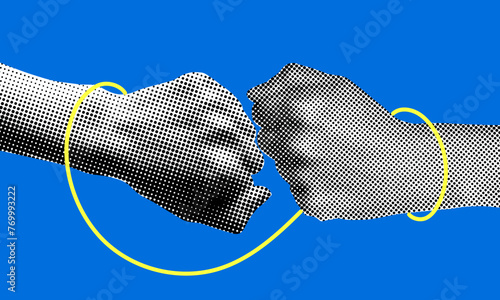 Fist bump. Halftone retro hands. Hygienic handshake. Trendy vintage newspaper parts. Make a deal. Hands tied with thread. Unity, fidelity, friendship concept. Paper cutout element. Power of teamwork