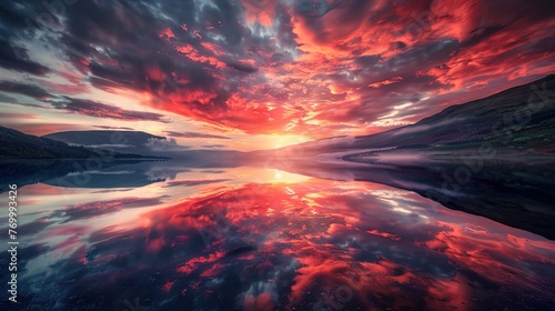 Reflections of a fiery sunset on the surface of a calm lake, creating a magical HDR landscape.
