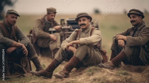 Reenactors in Armed Forces Soldier Uniforms With Weapons Re-Create Battle Scenes photo