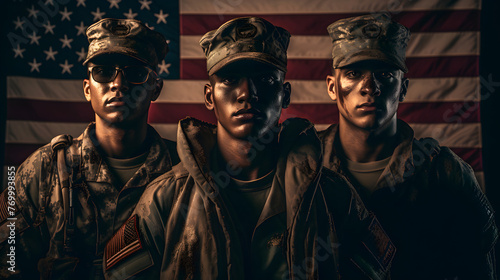 military soldiers in front of an american flag © Oleksandr