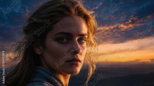 Woman With Long Hair at Sunset. Generative AI