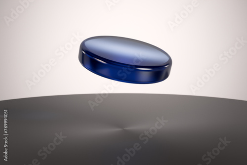 CGI illustration of a superconducting crystal LK99, perfect shape and colour, dark blue colour copper doped lead oxo apatite, floating over a magnet. photo