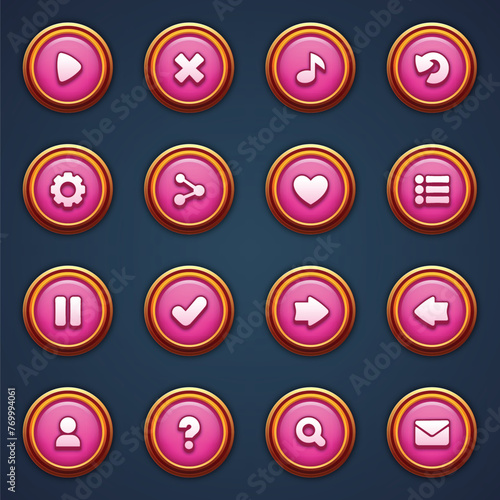 Game ui set of pink buttons in cartoon style gui to build 2d games cartoon casual buttons kit