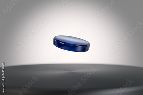 CGI illustration of a detail of superconducting crystal LK99, perfect shape and colour, dark blue colour copper doped lead oxo apatite, floating over a magnet. photo