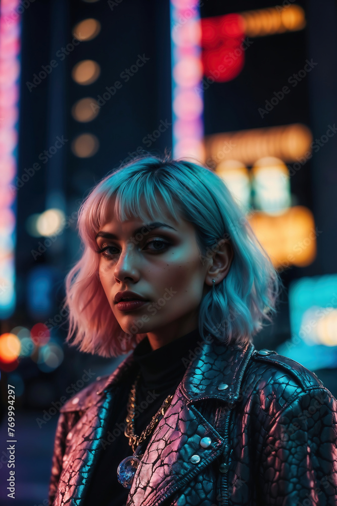 Woman With Blonde Hair Wearing a Leather Jacket. Generative AI