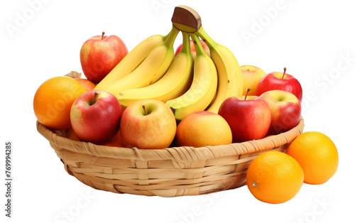 A variety of luscious  colorful fruit overflowing in a rustic basket