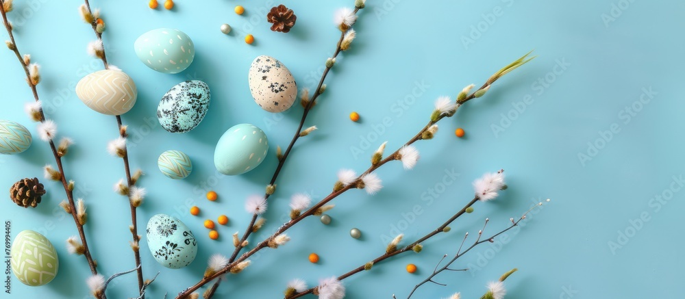 Willow branches and ornaments, Easter eggs on a bright background. Easter-themed flat lay idea