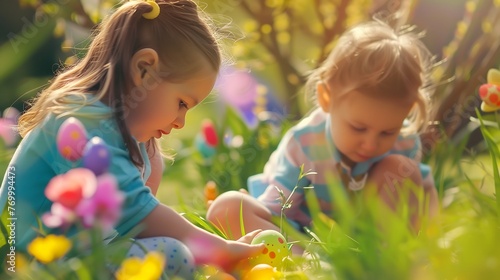 Two Children Collecting Easter Eggs Amongst Flowers