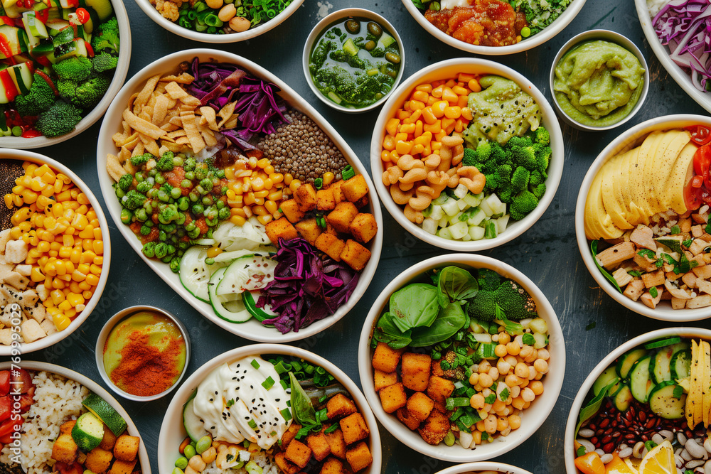 A table with many bowls of food, including vegetables and beans. The bowls are arranged in a row, with some bowls containing more food than others. Scene is healthy and nutritious A table with many bowls of food, including vegetables and beans. The bowls are arranged in a row, with some bowls containing more food than others. Scene is healthy and nutritious