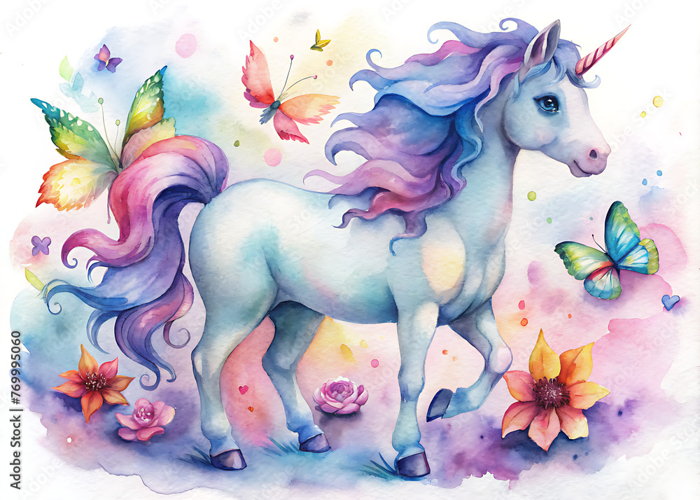 Fototapeta premium Watercolor illustration of a charming unicorn surrounded by flowers and butterflies