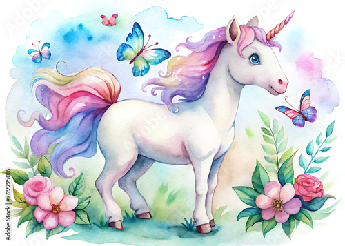 Watercolor illustration of a charming unicorn surrounded by flowers and butterflies