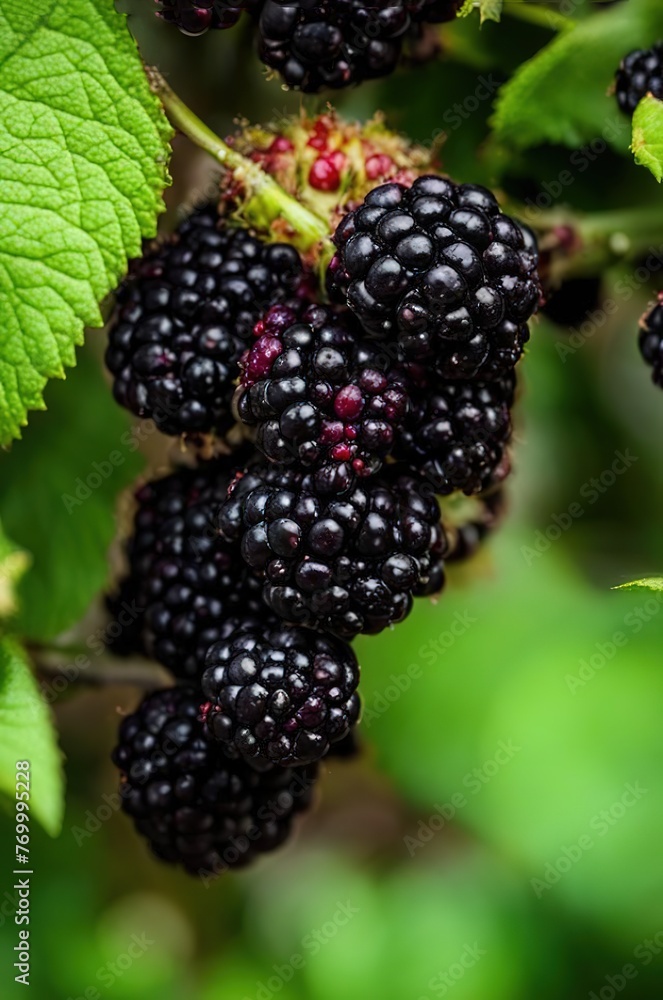 Branch of ripe blackberry in a garden on green background Branch of ripe blackberry in a garden on green background