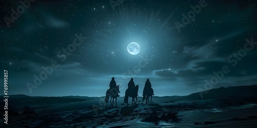 Riders on horseback under the moonlight: Symbolizing the endurance journey of Ramadan. Concept Ramadan Reflections, Moonlit Riders, Endurance Journey, Symbolic Imagery