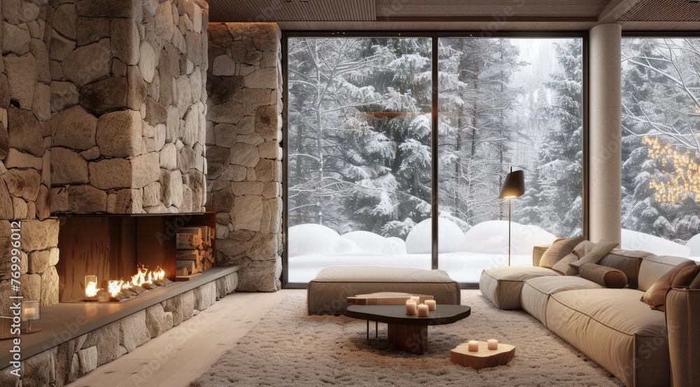Cozy winter living room with a fireplace and snow outside the window