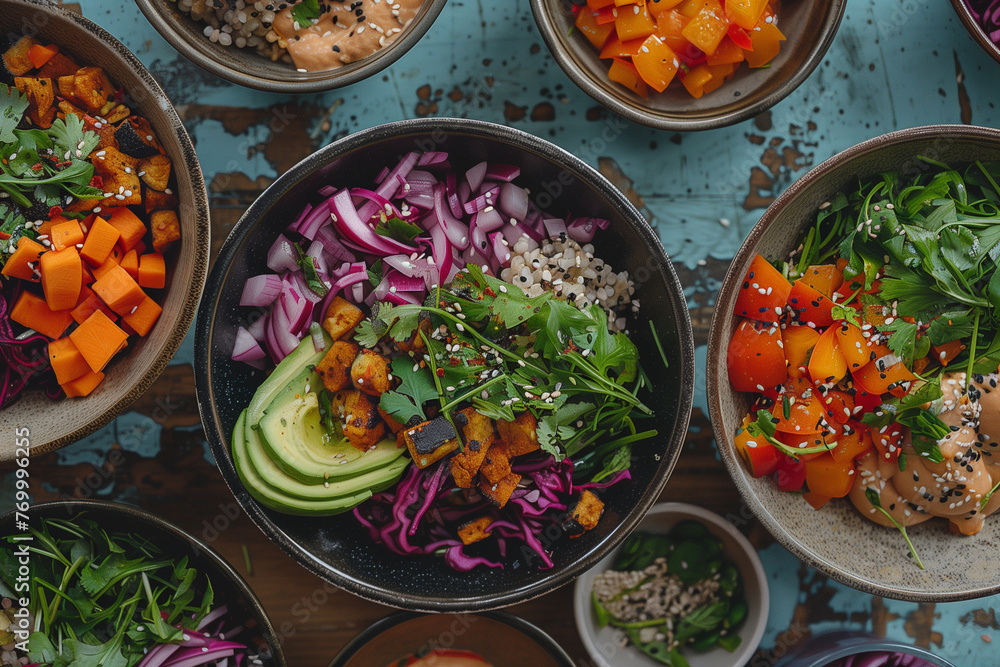 A bowl of food with a lot of vegetables and meat. The bowl is white and has a lot of different colors A bowl of food with a lot of vegetables and meat. The bowl is white and has a lot of different colors