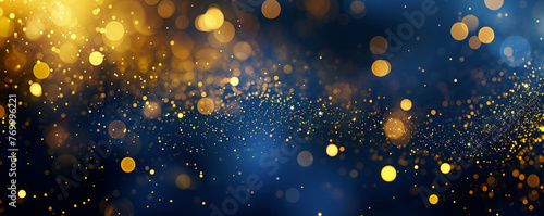 Glittering golden particles suspended in deep blue space, simulating magical, festive atmosphere, perfect for backgrounds or celebrations. abstract background with dark blue and gold particle