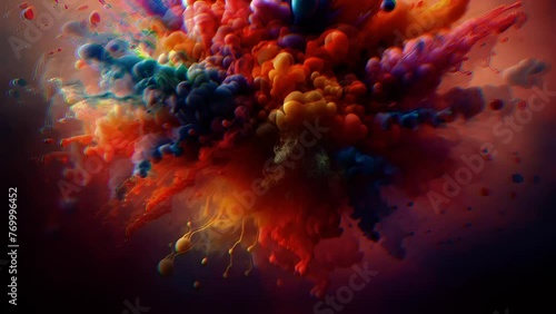 Close up and slow motion of rainbow color inks splashing and interacting under water and spreading though the whole frame on a white background
