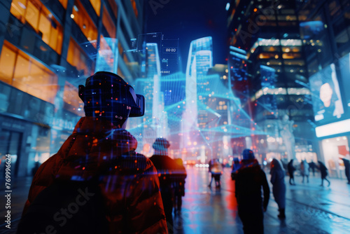 Person wearing VR headset on city street with futuristic digital overlay, concept of virtual reality in urban setting, group of people using augmented reality to navigate through a smart city