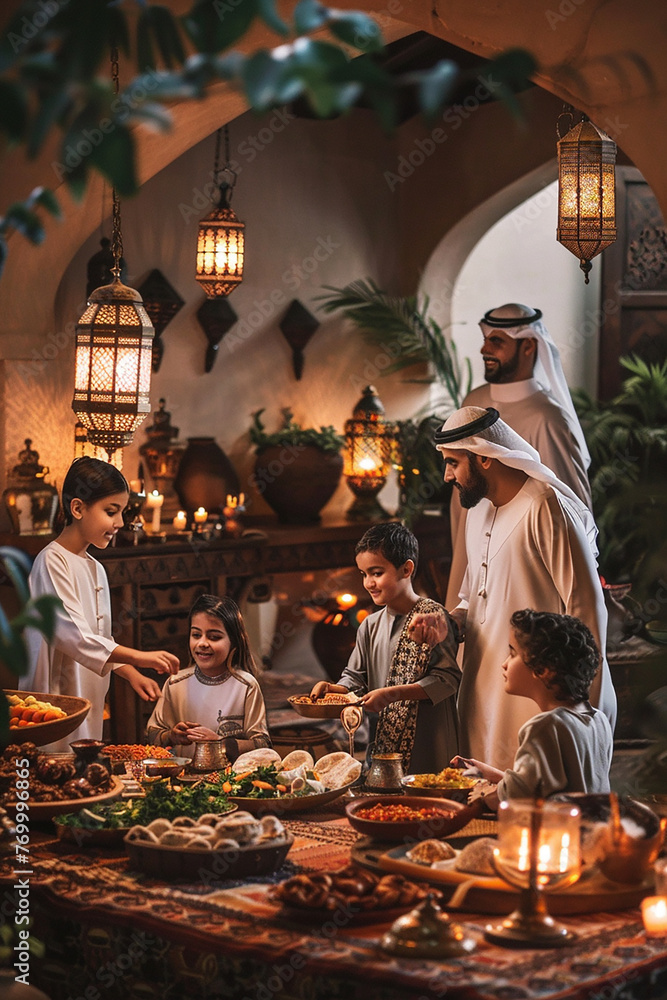 Iftar Ramadan, Muslim family celebrate Ramadan with their children, with a BASKET of fruits, MILK AND biriyani, warm colors, religious Islam holiday of Ramadan, Bayram