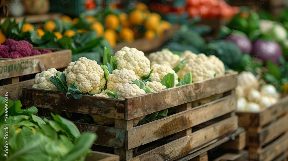 New harvest of cauliflowers in wooden boxes, organic vegetables