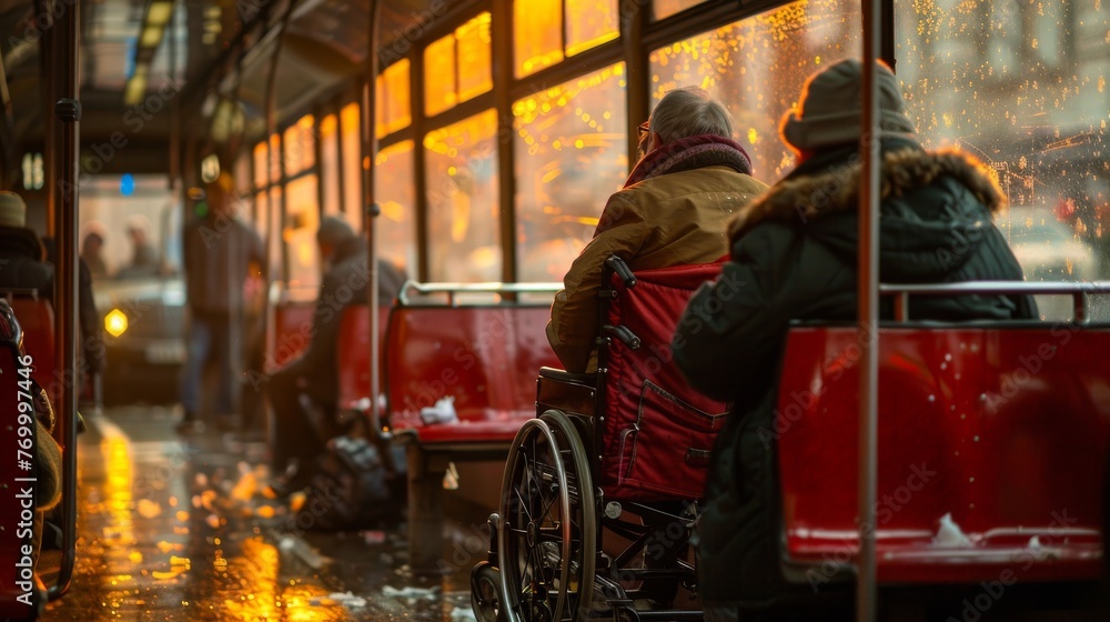There is a wheelchair for the disabled, an elderly man with a cane, a baby carriage, and bicycle icons on city buses. It is comfortable and accessible to all groups of citizens.