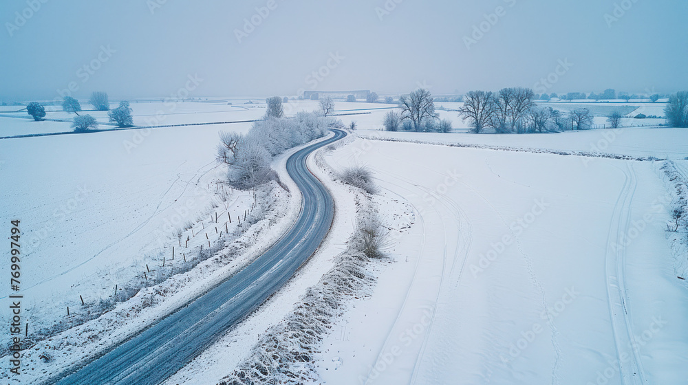 Snow-Covered Rural Road View, road adventure, path to discovery, holliday trip, Aerial view