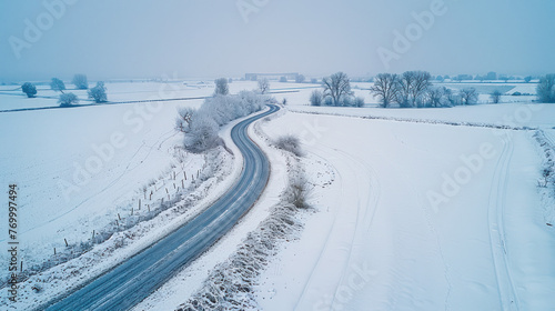 Snow-Covered Rural Road View, road adventure, path to discovery, holliday trip, Aerial view © Dolgren