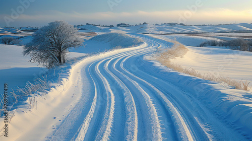 Snowy Country Road Aerial Capture, road adventure, path to discovery, holliday trip, Aerial view