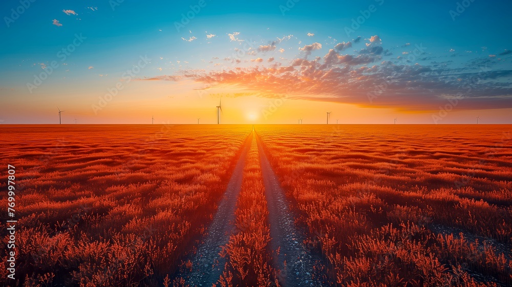 Striking sunset paints the sky and a vast field in hues of crimson, with a straight path leading to wind turbines, ideal for energy and environmental themes.