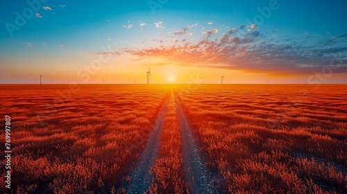 Striking sunset paints the sky and a vast field in hues of crimson, with a straight path leading to wind turbines, ideal for energy and environmental themes.