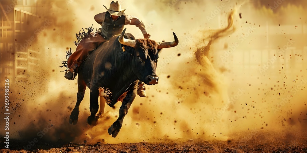 Bull rider gripping tightly as bull bucks in rodeo arena capturing the ...