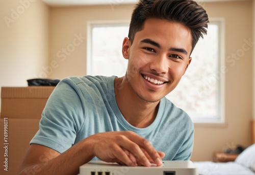 A cheerful young man is likely online shopping or enjoying digital content on his tablet at home.
