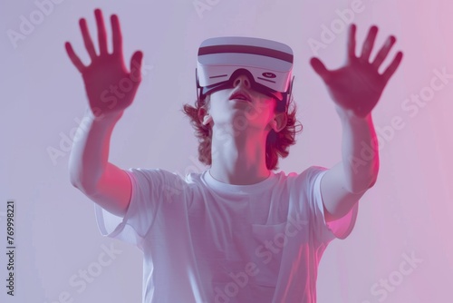 Young individual with VR glasses reaching out, experiencing a virtual environment in a purple-tinged world, copy space
Concept: virtual interaction, futuristic technology, immersive environment