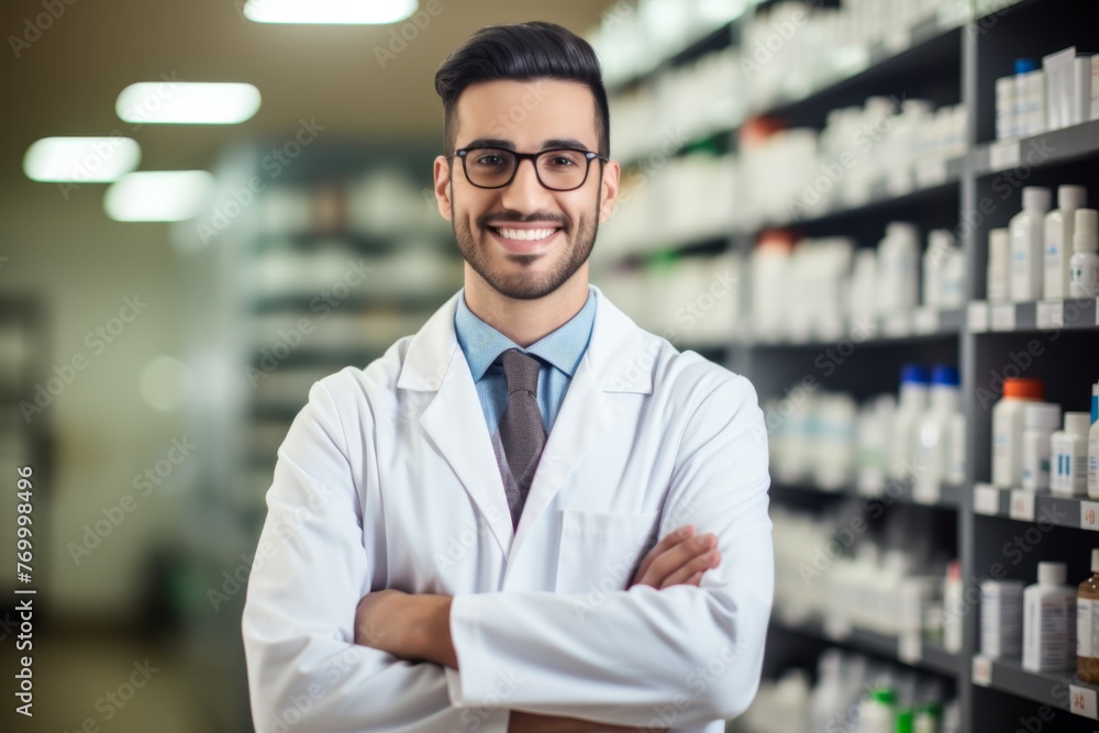 Confident young pharmacist with a friendly smile in a modern pharmacy, providing professional healthcare services, copy space
Concept: healthcare, professionalism, customer service, friendliness