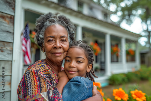 African American Grandma and Granddaughter Hugging in their Garden with United States Flag in Background Celebrating Independence Day on July 4th