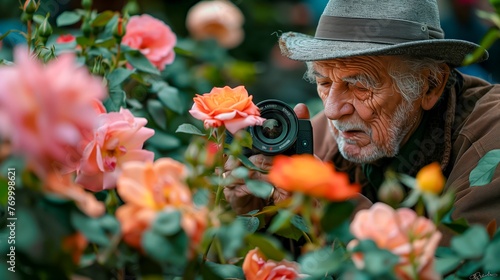 Man is taking a picture of a flower garden. The flowers are pink and orange. The man is wearing a hat and a jacket